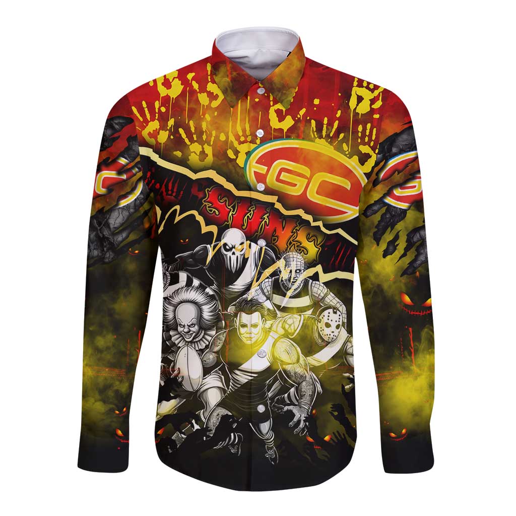 Step Into Horror Domain Suns Football Long Sleeve Button Shirt Halloween Horror Movie Characters - Aussie Hoodie