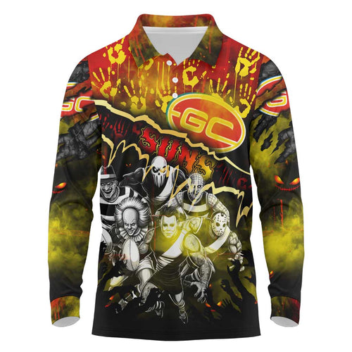 Step Into Horror Domain Suns Football Long Sleeve Polo Shirt Halloween Horror Movie Characters - Aussie Hoodie