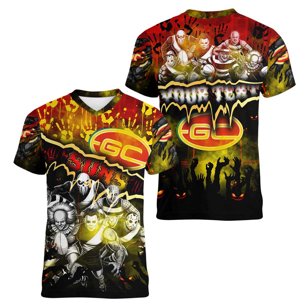 Step Into Horror Domain Suns Football Women V-Neck T-Shirt Halloween Horror Movie Characters - Aussie Hoodie