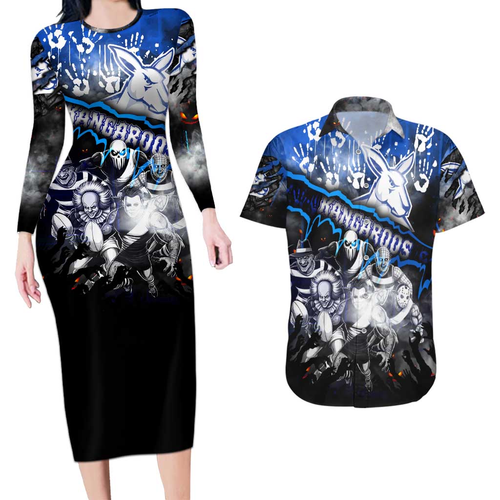 Step Into Horror Domain Kangaroos Football Couples Matching Long Sleeve Bodycon Dress and Hawaiian Shirt Halloween Horror Movie Characters - Aussie Hoodie