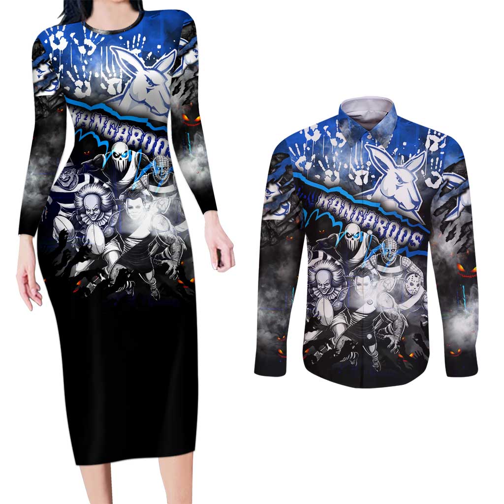 Step Into Horror Domain Kangaroos Football Couples Matching Long Sleeve Bodycon Dress and Long Sleeve Button Shirt Halloween Horror Movie Characters - Aussie Hoodie