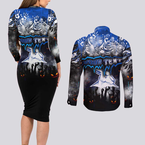 Step Into Horror Domain Kangaroos Football Couples Matching Long Sleeve Bodycon Dress and Long Sleeve Button Shirt Halloween Horror Movie Characters - Aussie Hoodie