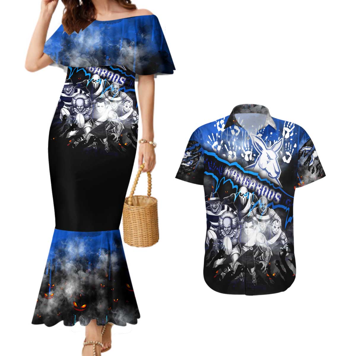 Step Into Horror Domain Kangaroos Football Couples Matching Mermaid Dress and Hawaiian Shirt Halloween Horror Movie Characters - Aussie Hoodie