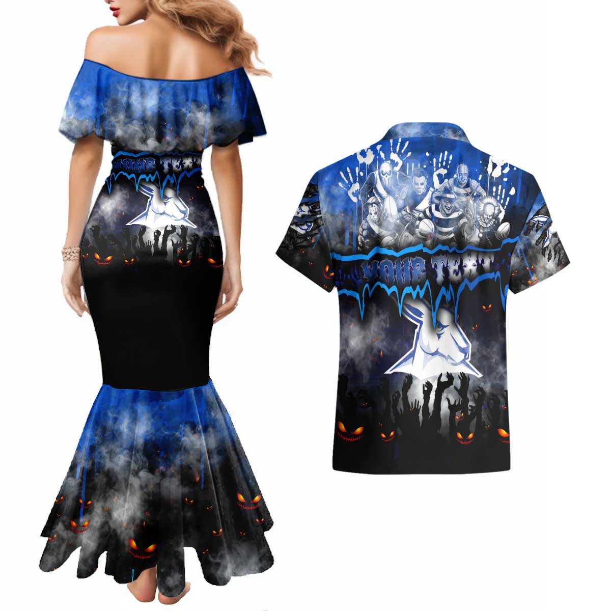 Step Into Horror Domain Kangaroos Football Couples Matching Mermaid Dress and Hawaiian Shirt Halloween Horror Movie Characters - Aussie Hoodie