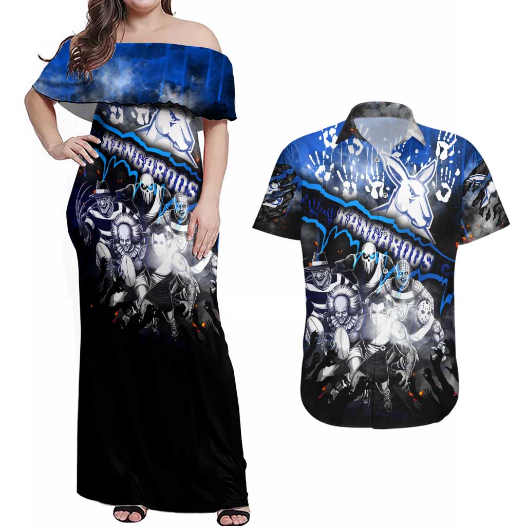 Step Into Horror Domain Kangaroos Football Couples Matching Off Shoulder Maxi Dress and Hawaiian Shirt Halloween Horror Movie Characters - Aussie Hoodie