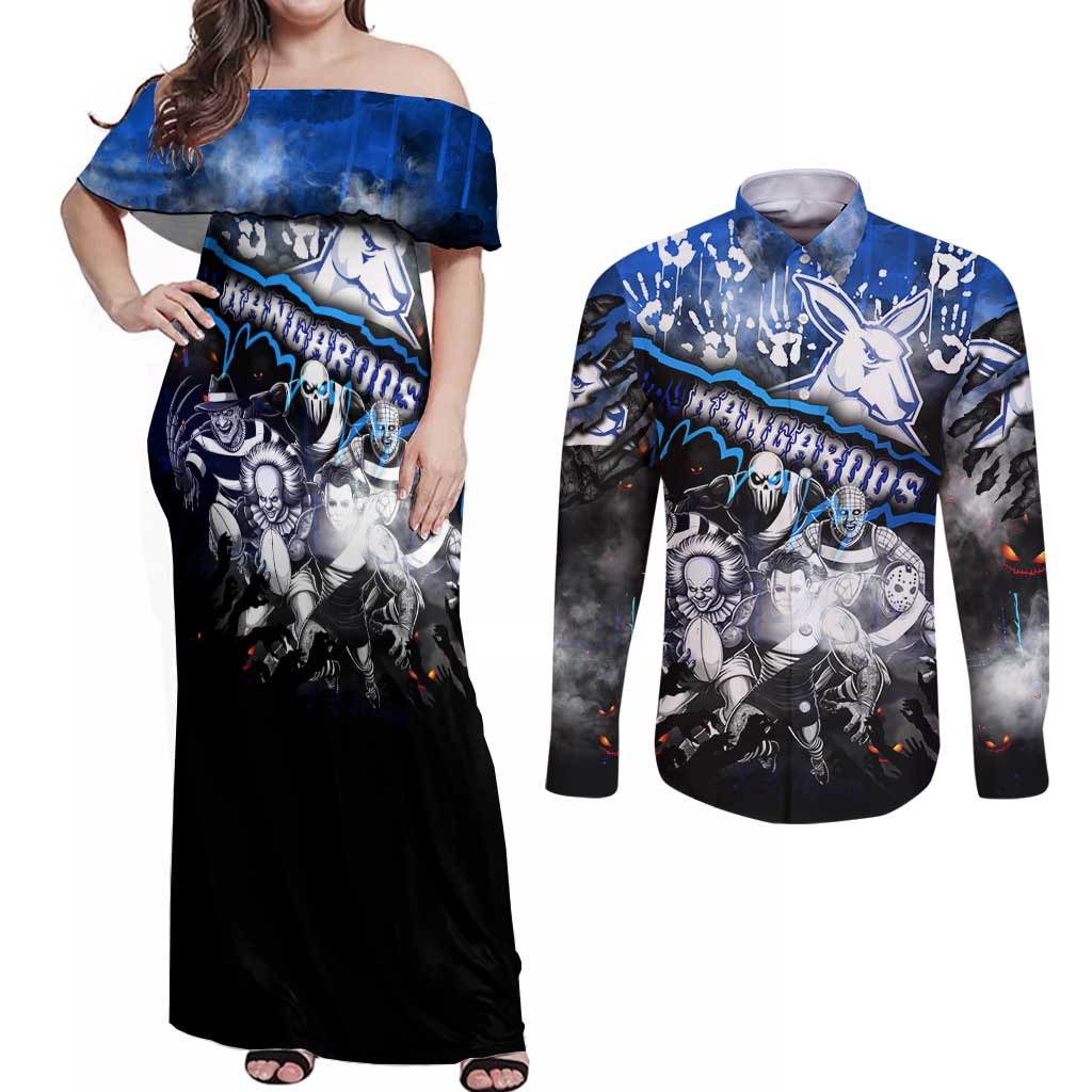 Step Into Horror Domain Kangaroos Football Couples Matching Off Shoulder Maxi Dress and Long Sleeve Button Shirt Halloween Horror Movie Characters - Aussie Hoodie