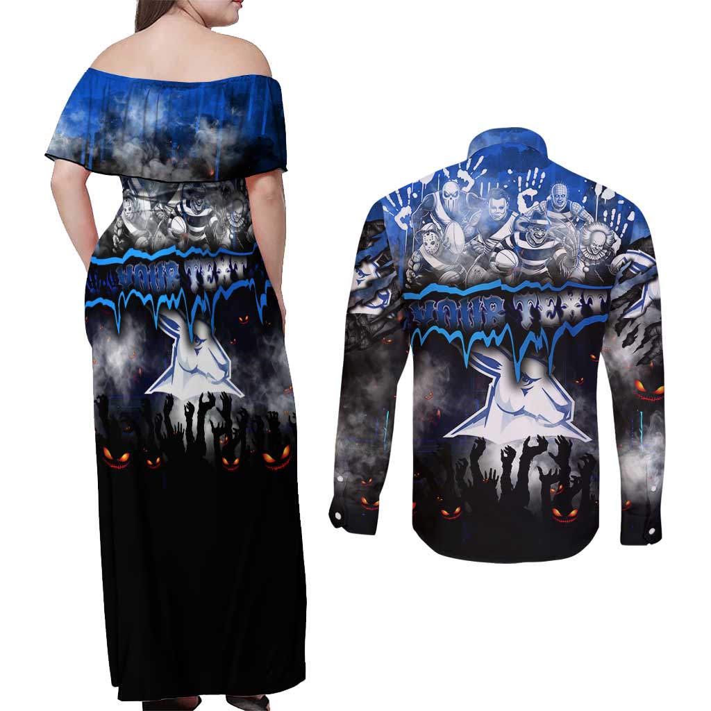 Step Into Horror Domain Kangaroos Football Couples Matching Off Shoulder Maxi Dress and Long Sleeve Button Shirt Halloween Horror Movie Characters - Aussie Hoodie