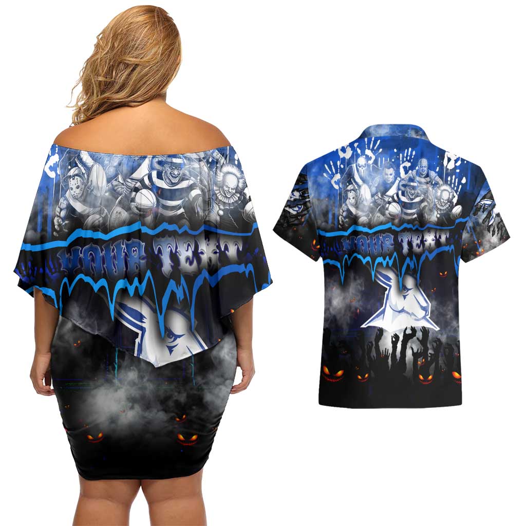 Step Into Horror Domain Kangaroos Football Couples Matching Off Shoulder Short Dress and Hawaiian Shirt Halloween Horror Movie Characters - Aussie Hoodie