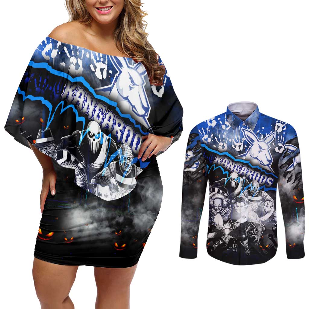 Step Into Horror Domain Kangaroos Football Couples Matching Off Shoulder Short Dress and Long Sleeve Button Shirt Halloween Horror Movie Characters - Aussie Hoodie