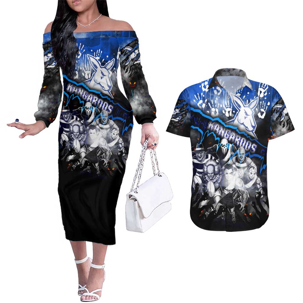 Step Into Horror Domain Kangaroos Football Couples Matching Off The Shoulder Long Sleeve Dress and Hawaiian Shirt Halloween Horror Movie Characters - Aussie Hoodie