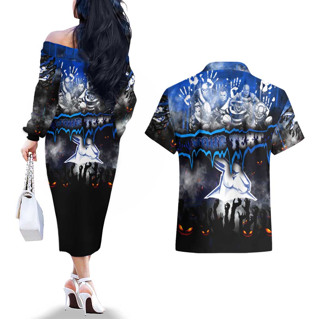 Step Into Horror Domain Kangaroos Football Couples Matching Off The Shoulder Long Sleeve Dress and Hawaiian Shirt Halloween Horror Movie Characters - Aussie Hoodie