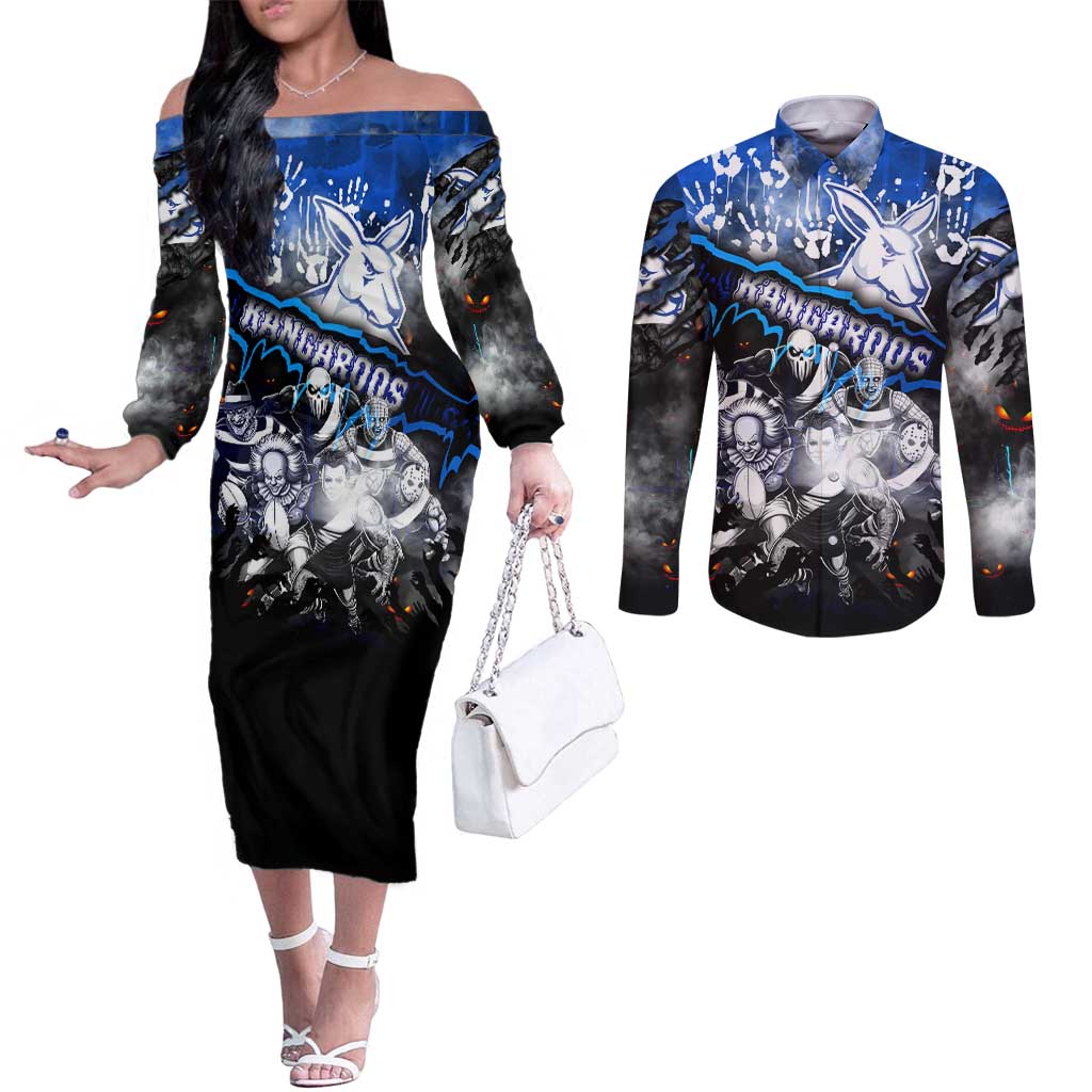 Step Into Horror Domain Kangaroos Football Couples Matching Off The Shoulder Long Sleeve Dress and Long Sleeve Button Shirt Halloween Horror Movie Characters - Aussie Hoodie