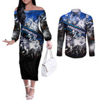Step Into Horror Domain Kangaroos Football Couples Matching Off The Shoulder Long Sleeve Dress and Long Sleeve Button Shirt Halloween Horror Movie Characters - Aussie Hoodie
