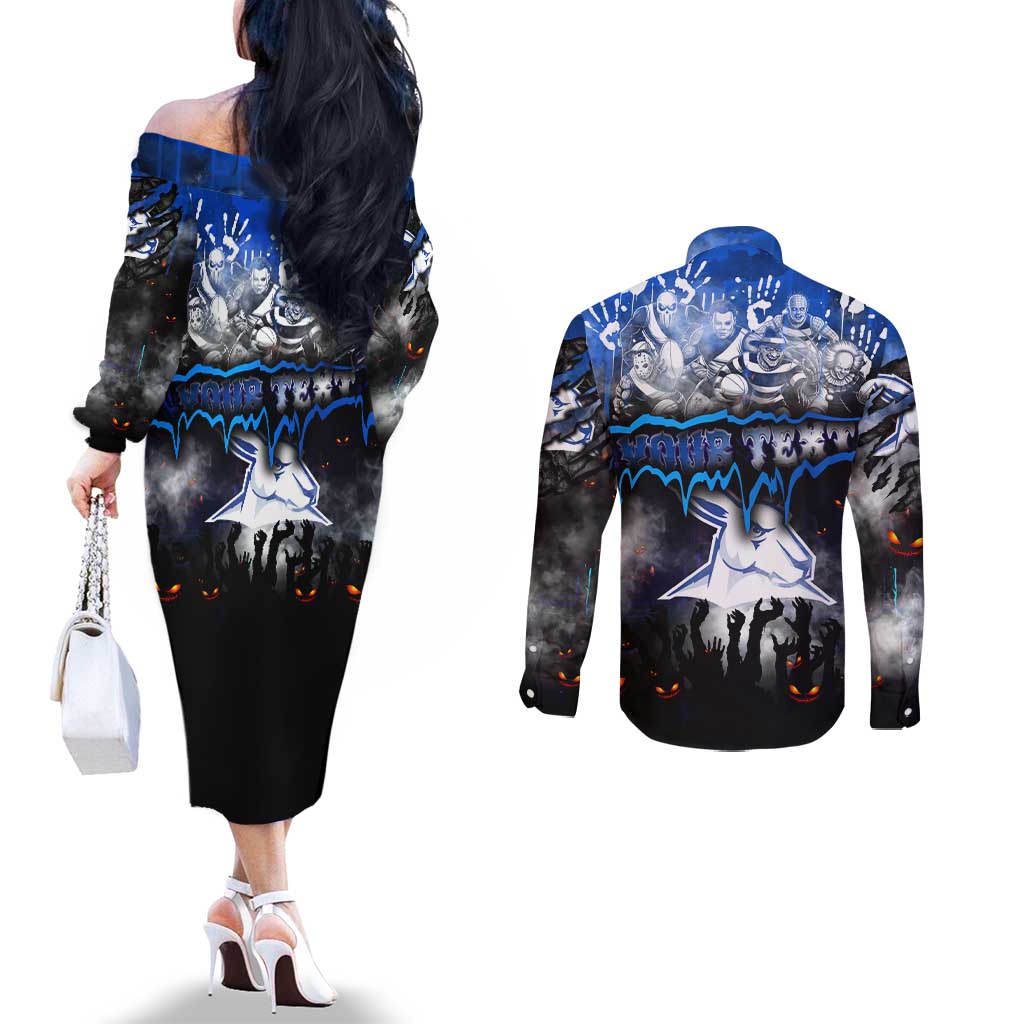 Step Into Horror Domain Kangaroos Football Couples Matching Off The Shoulder Long Sleeve Dress and Long Sleeve Button Shirt Halloween Horror Movie Characters - Aussie Hoodie