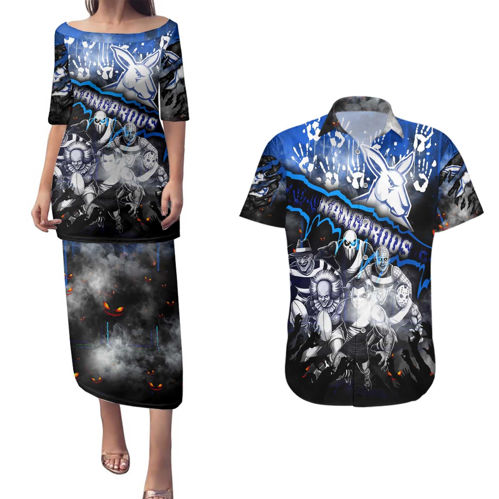 Step Into Horror Domain Kangaroos Football Couples Matching Puletasi and Hawaiian Shirt Halloween Horror Movie Characters - Aussie Hoodie