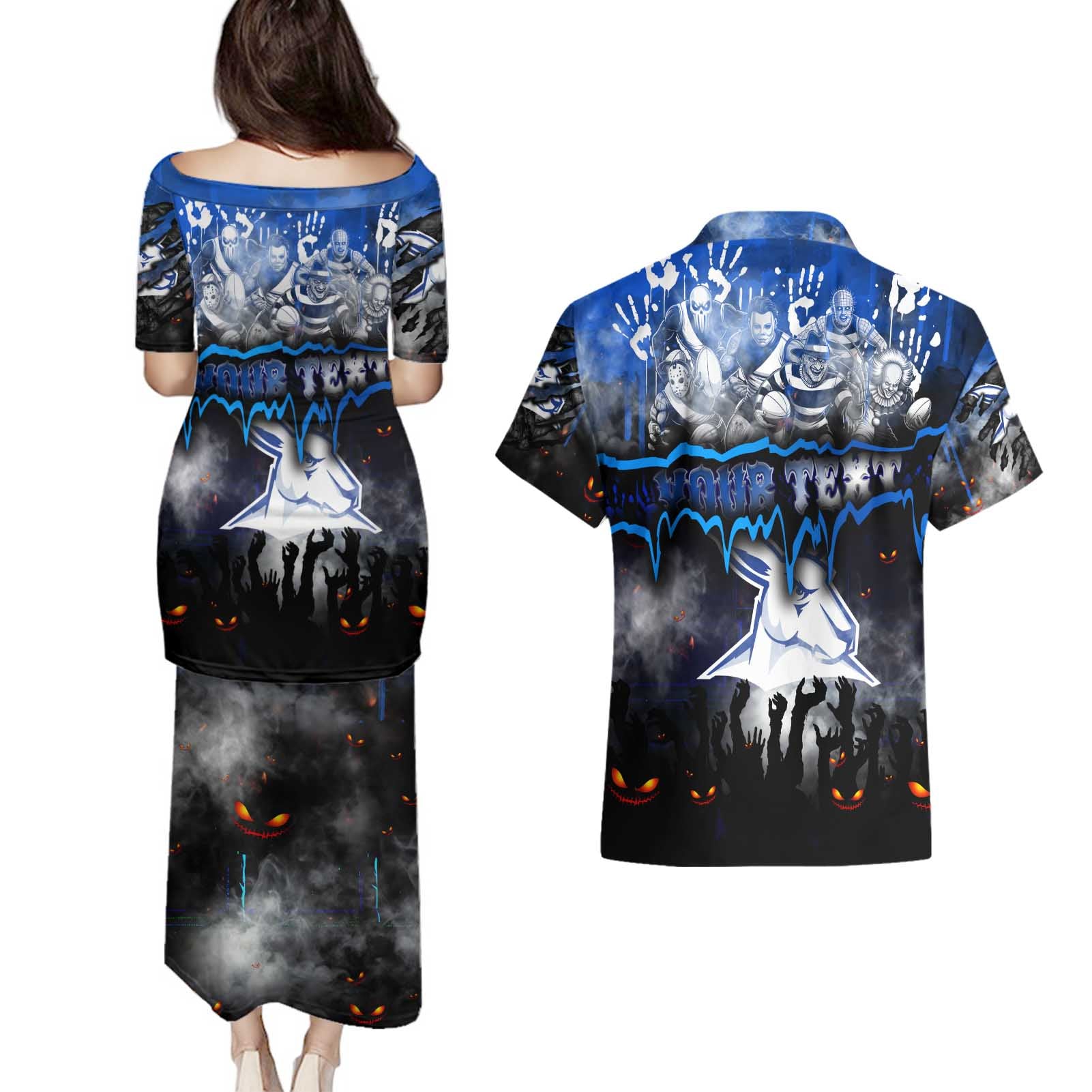 Step Into Horror Domain Kangaroos Football Couples Matching Puletasi and Hawaiian Shirt Halloween Horror Movie Characters - Aussie Hoodie