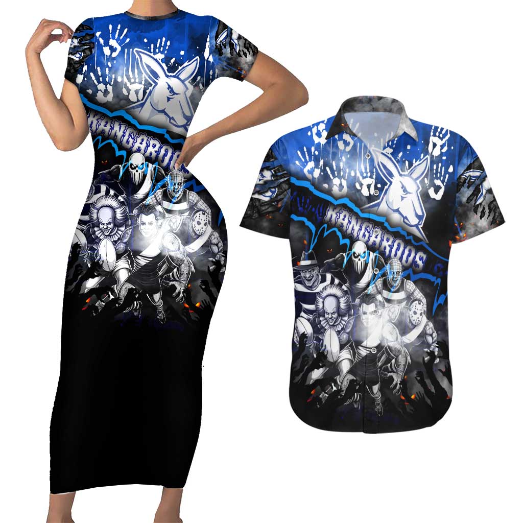 Step Into Horror Domain Kangaroos Football Couples Matching Short Sleeve Bodycon Dress and Hawaiian Shirt Halloween Horror Movie Characters - Aussie Hoodie