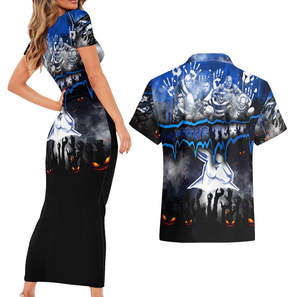 Step Into Horror Domain Kangaroos Football Couples Matching Short Sleeve Bodycon Dress and Hawaiian Shirt Halloween Horror Movie Characters - Aussie Hoodie