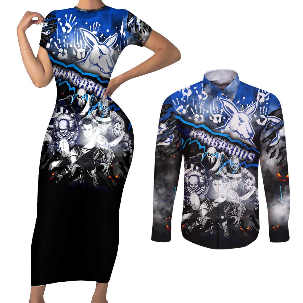 Step Into Horror Domain Kangaroos Football Couples Matching Short Sleeve Bodycon Dress and Long Sleeve Button Shirt Halloween Horror Movie Characters - Aussie Hoodie