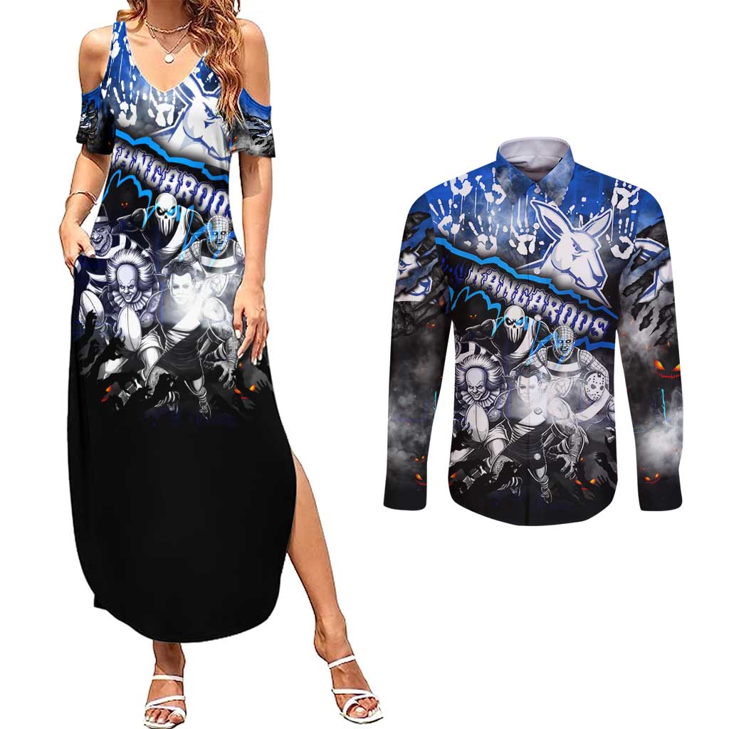 Step Into Horror Domain Kangaroos Football Couples Matching Summer Maxi Dress and Long Sleeve Button Shirt Halloween Horror Movie Characters - Aussie Hoodie