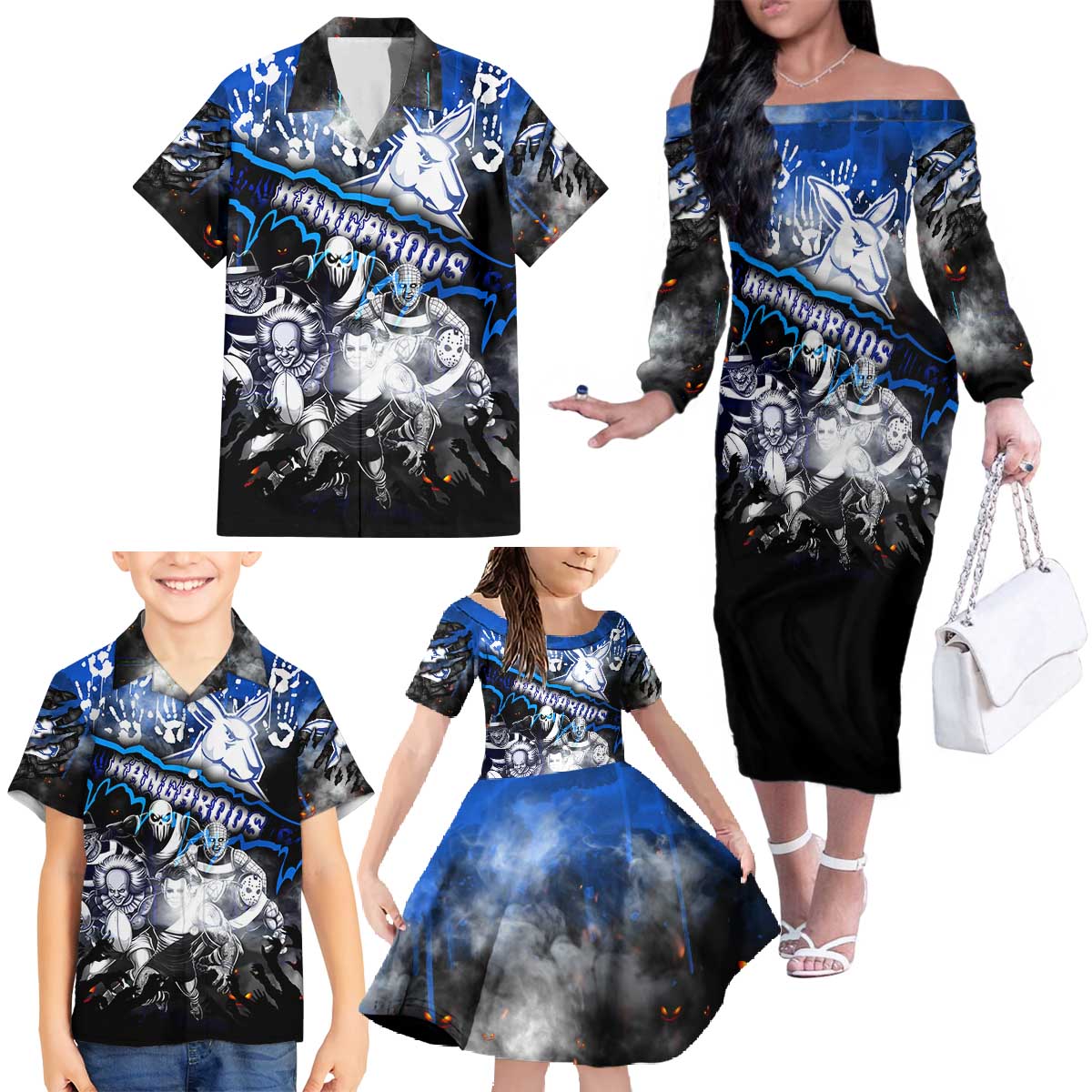 Step Into Horror Domain Kangaroos Football Family Matching Off The Shoulder Long Sleeve Dress and Hawaiian Shirt Halloween Horror Movie Characters - Aussie Hoodie