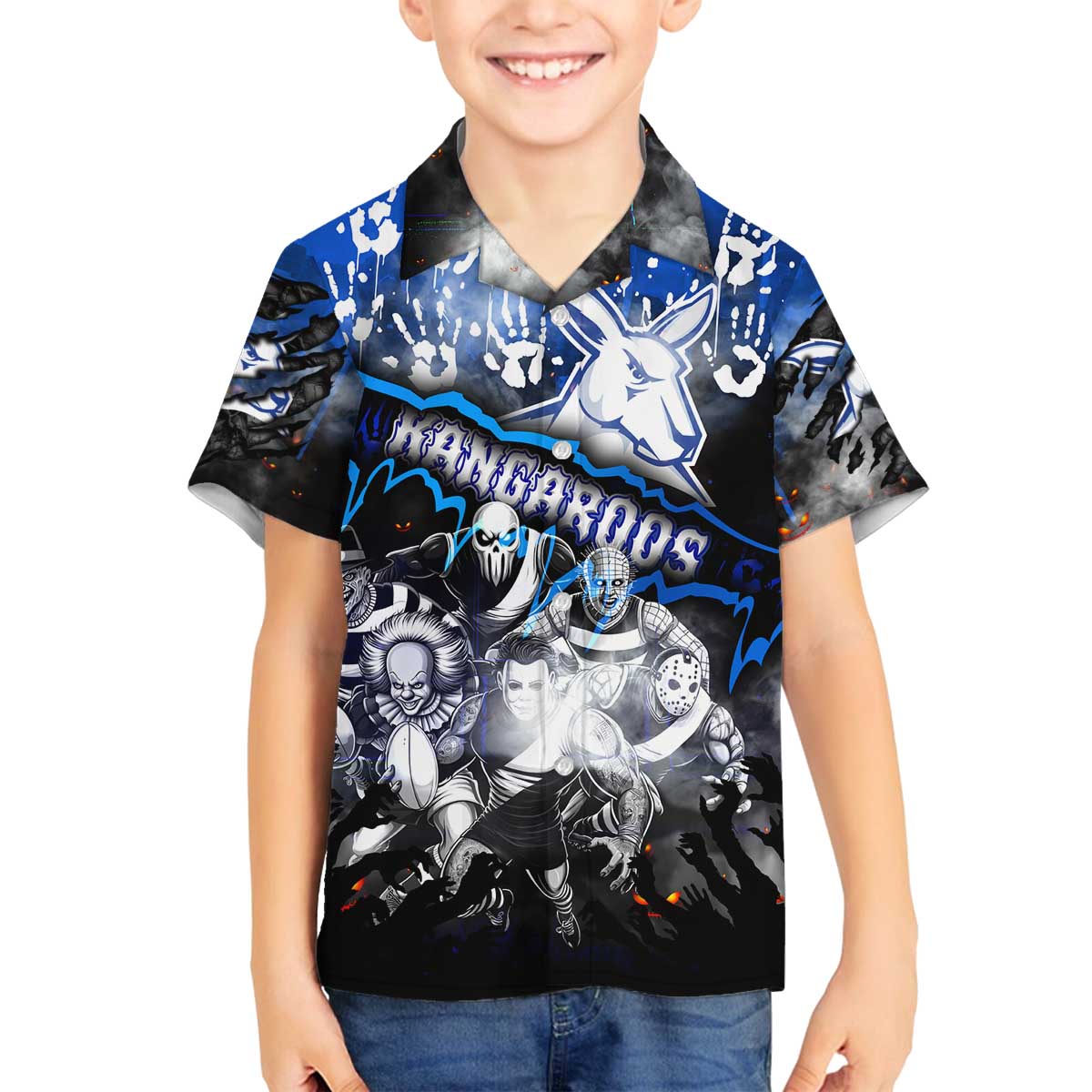 Step Into Horror Domain Kangaroos Football Family Matching Off The Shoulder Long Sleeve Dress and Hawaiian Shirt Halloween Horror Movie Characters - Aussie Hoodie