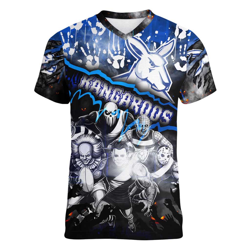 Step Into Horror Domain Kangaroos Football Women V-Neck T-Shirt Halloween Horror Movie Characters - Aussie Hoodie