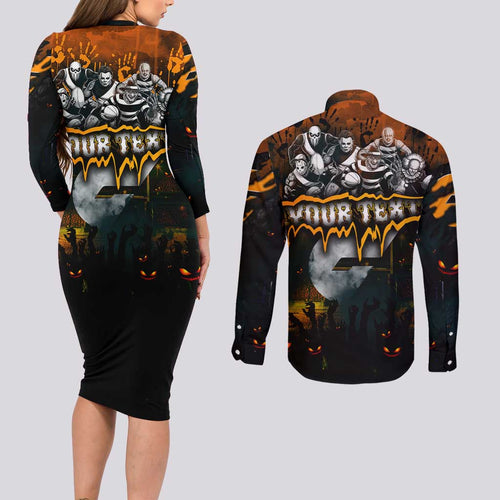 Step Into Horror Domain Giants Football Couples Matching Long Sleeve Bodycon Dress and Long Sleeve Button Shirt Halloween Horror Movie Characters - Aussie Hoodie
