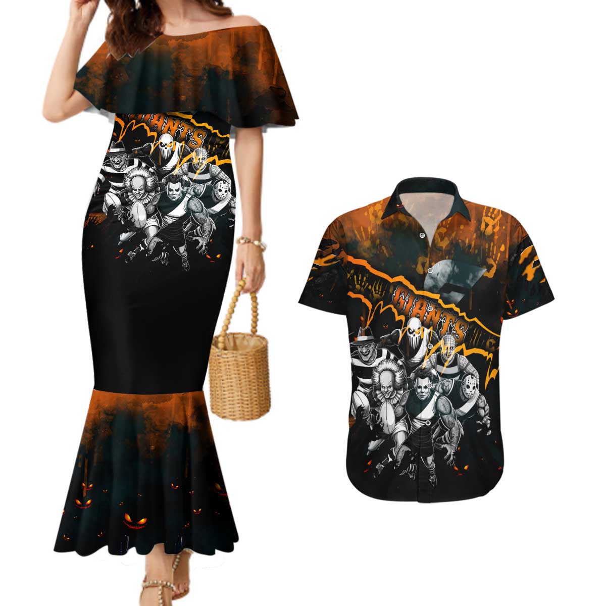 Step Into Horror Domain Giants Football Couples Matching Mermaid Dress and Hawaiian Shirt Halloween Horror Movie Characters - Aussie Hoodie