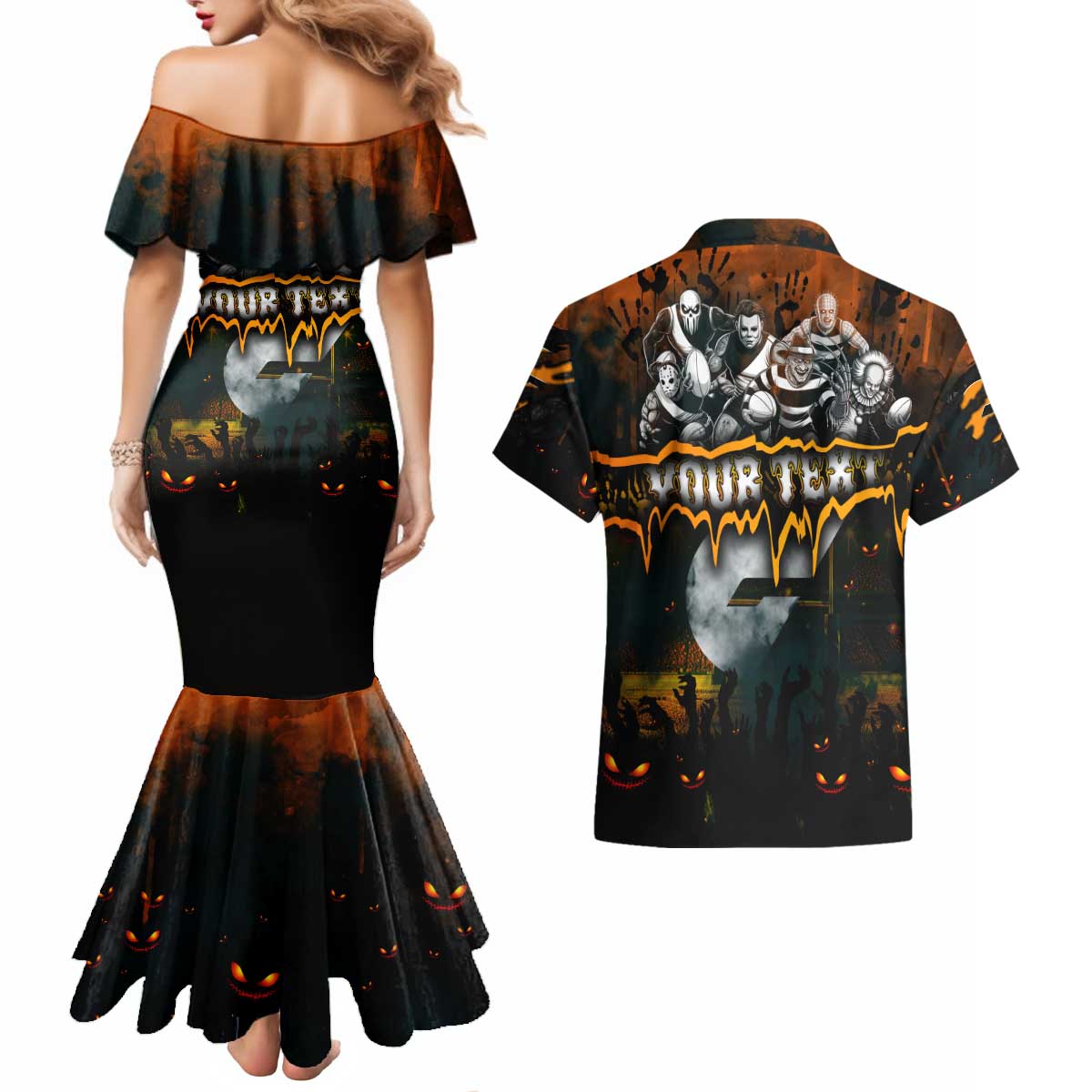 Step Into Horror Domain Giants Football Couples Matching Mermaid Dress and Hawaiian Shirt Halloween Horror Movie Characters - Aussie Hoodie