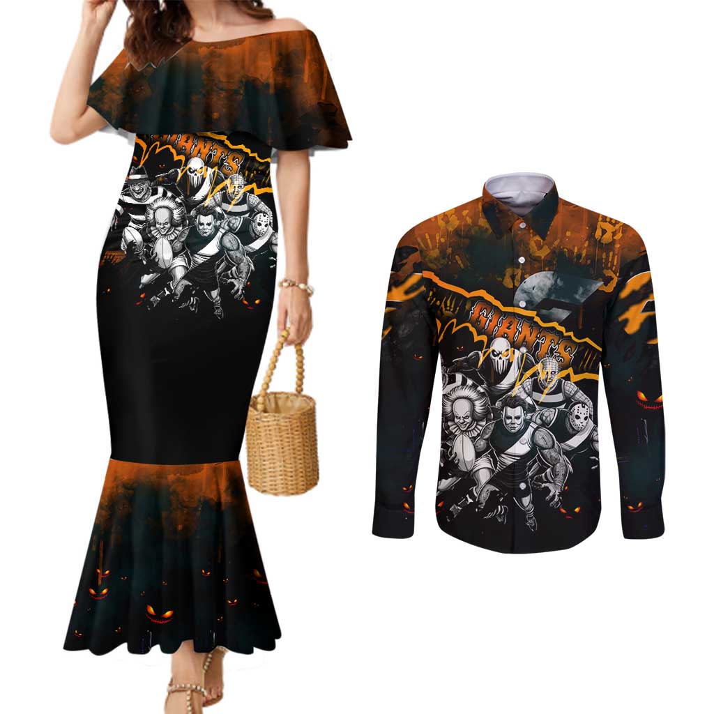 Step Into Horror Domain Giants Football Couples Matching Mermaid Dress and Long Sleeve Button Shirt Halloween Horror Movie Characters - Aussie Hoodie