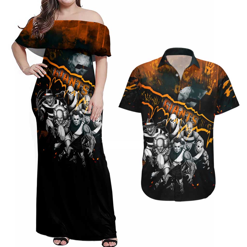 Step Into Horror Domain Giants Football Couples Matching Off Shoulder Maxi Dress and Hawaiian Shirt Halloween Horror Movie Characters - Aussie Hoodie
