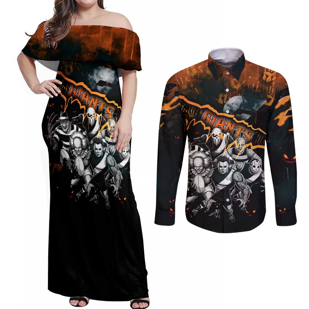 Step Into Horror Domain Giants Football Couples Matching Off Shoulder Maxi Dress and Long Sleeve Button Shirt Halloween Horror Movie Characters - Aussie Hoodie