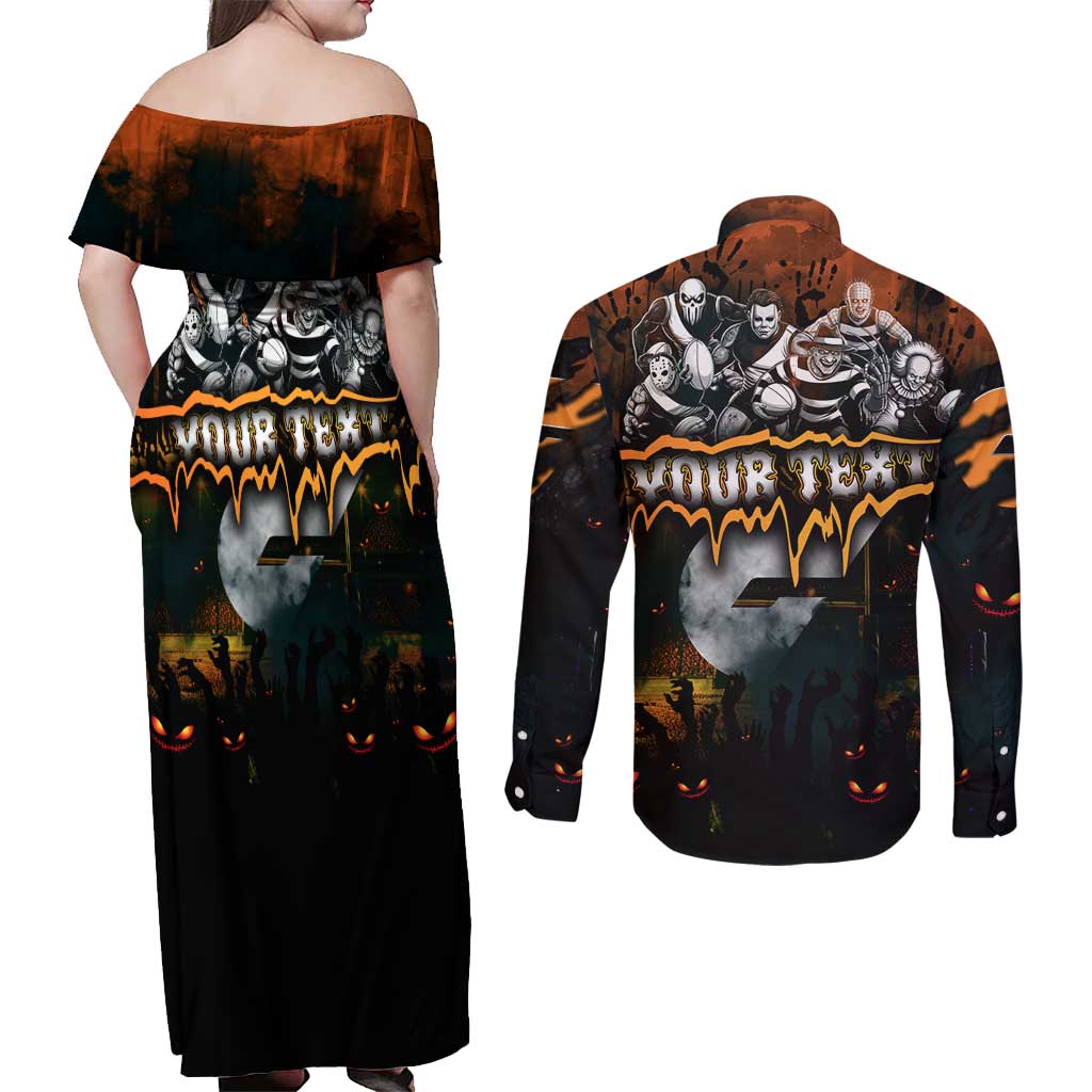 Step Into Horror Domain Giants Football Couples Matching Off Shoulder Maxi Dress and Long Sleeve Button Shirt Halloween Horror Movie Characters - Aussie Hoodie
