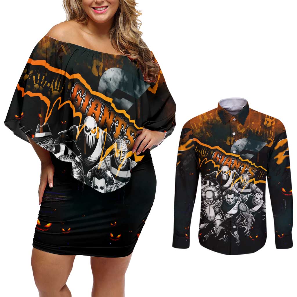 Step Into Horror Domain Giants Football Couples Matching Off Shoulder Short Dress and Long Sleeve Button Shirt Halloween Horror Movie Characters - Aussie Hoodie