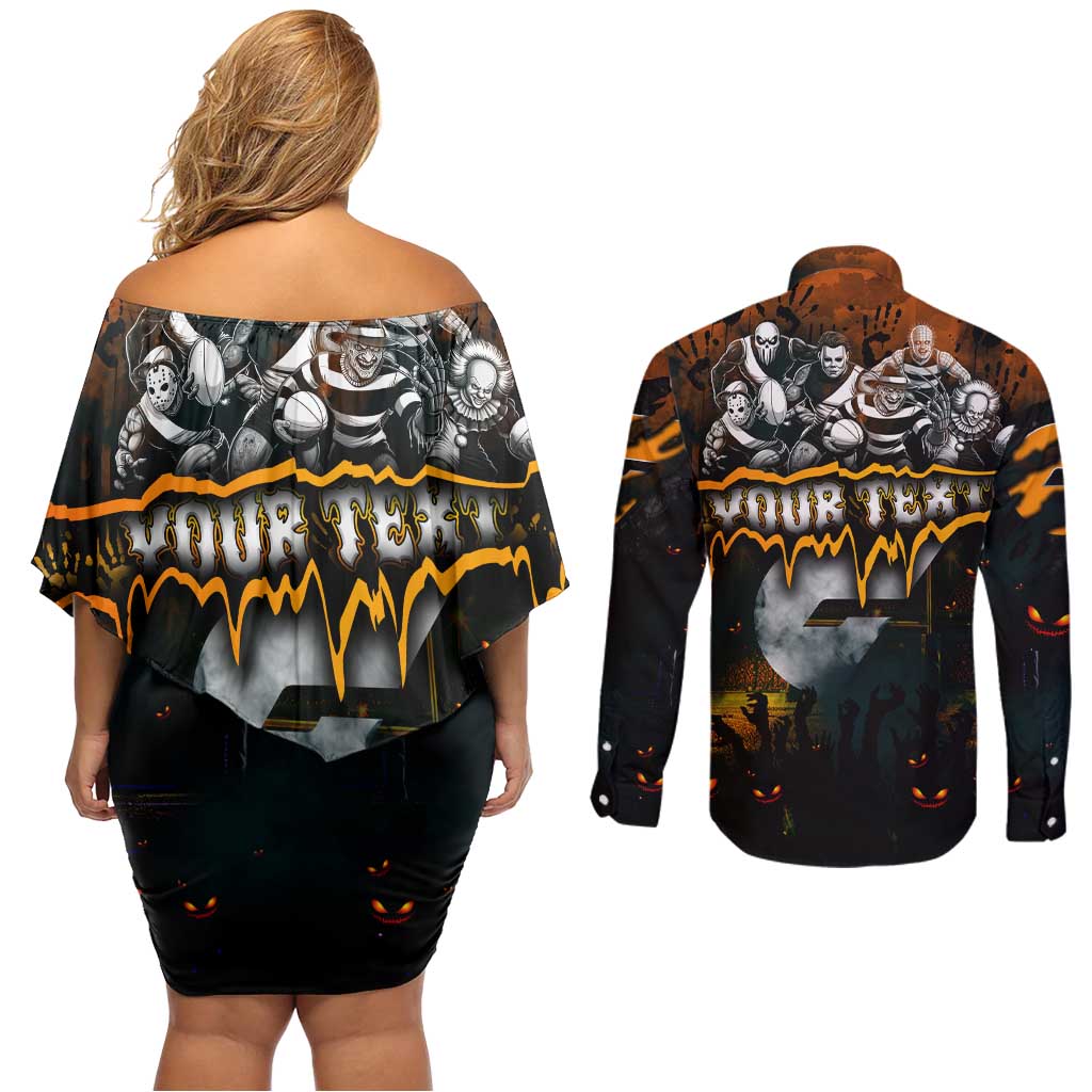 Step Into Horror Domain Giants Football Couples Matching Off Shoulder Short Dress and Long Sleeve Button Shirt Halloween Horror Movie Characters - Aussie Hoodie
