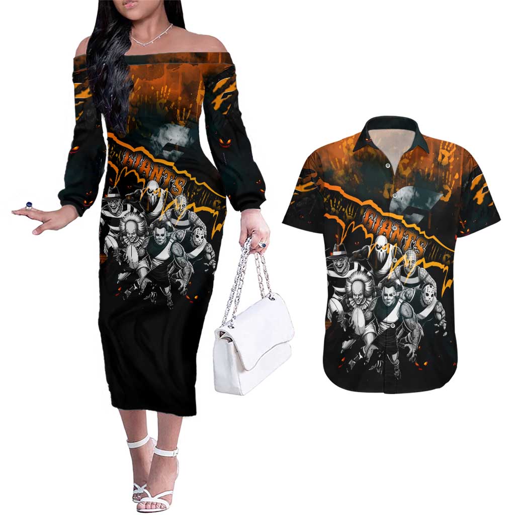 Step Into Horror Domain Giants Football Couples Matching Off The Shoulder Long Sleeve Dress and Hawaiian Shirt Halloween Horror Movie Characters - Aussie Hoodie