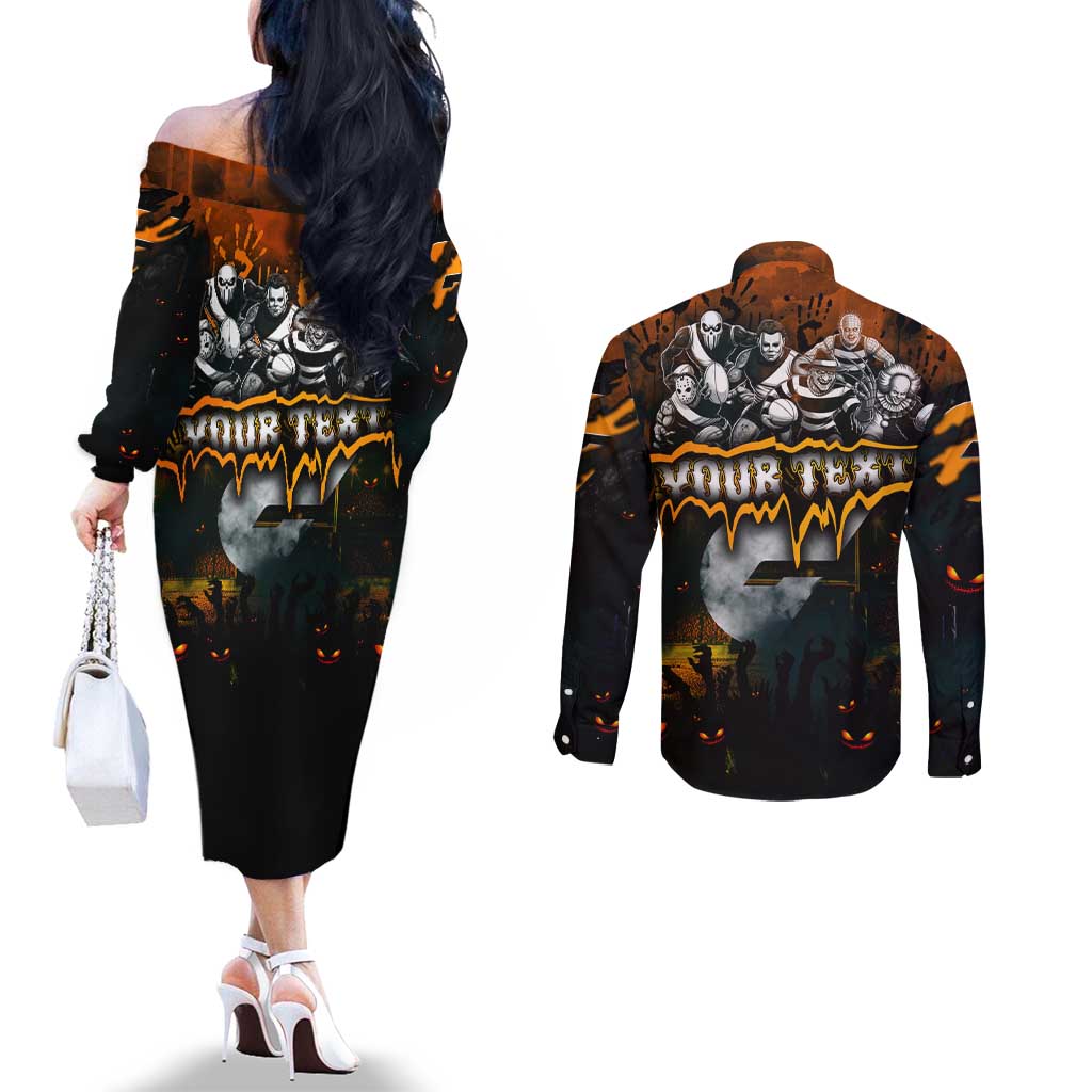Step Into Horror Domain Giants Football Couples Matching Off The Shoulder Long Sleeve Dress and Long Sleeve Button Shirt Halloween Horror Movie Characters - Aussie Hoodie