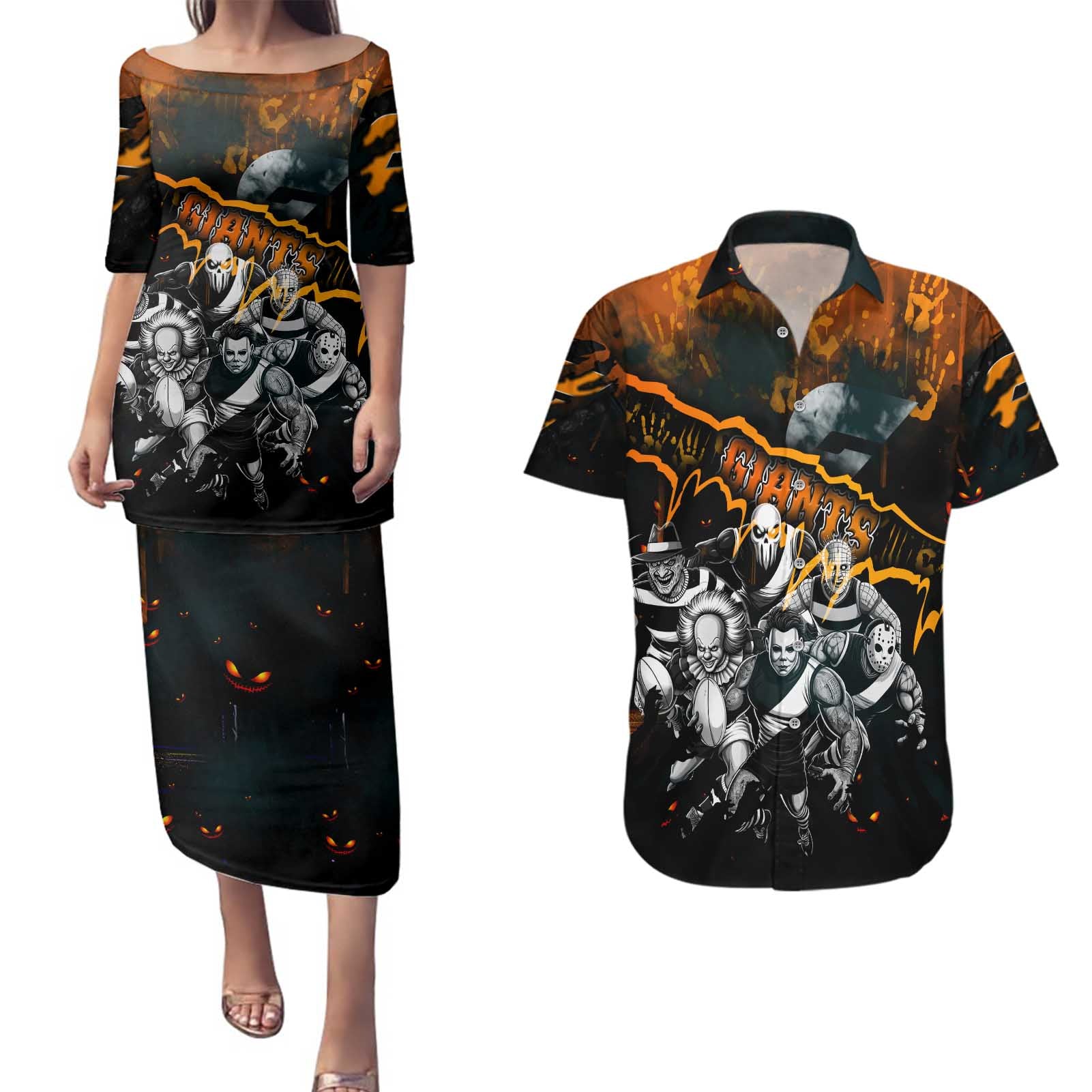 Step Into Horror Domain Giants Football Couples Matching Puletasi and Hawaiian Shirt Halloween Horror Movie Characters - Aussie Hoodie