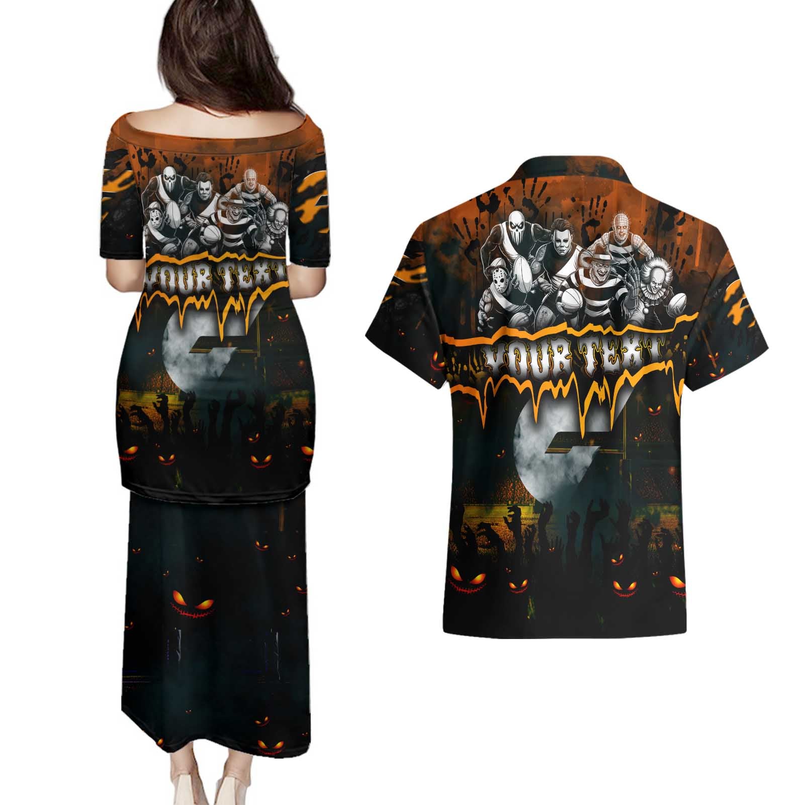 Step Into Horror Domain Giants Football Couples Matching Puletasi and Hawaiian Shirt Halloween Horror Movie Characters - Aussie Hoodie