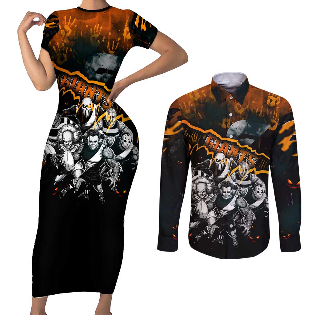Step Into Horror Domain Giants Football Couples Matching Short Sleeve Bodycon Dress and Long Sleeve Button Shirt Halloween Horror Movie Characters - Aussie Hoodie