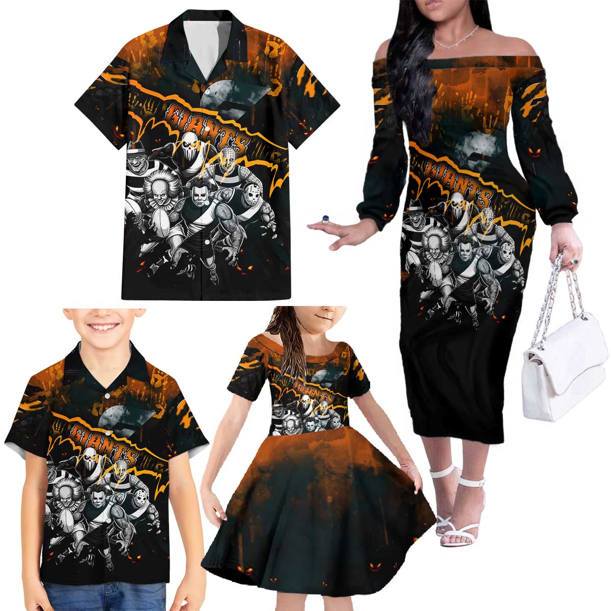 Step Into Horror Domain Giants Football Family Matching Off The Shoulder Long Sleeve Dress and Hawaiian Shirt Halloween Horror Movie Characters - Aussie Hoodie