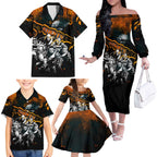 Step Into Horror Domain Giants Football Family Matching Off The Shoulder Long Sleeve Dress and Hawaiian Shirt Halloween Horror Movie Characters - Aussie Hoodie