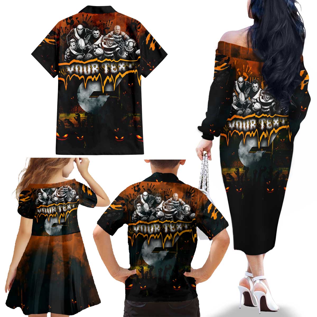 Step Into Horror Domain Giants Football Family Matching Off The Shoulder Long Sleeve Dress and Hawaiian Shirt Halloween Horror Movie Characters - Aussie Hoodie