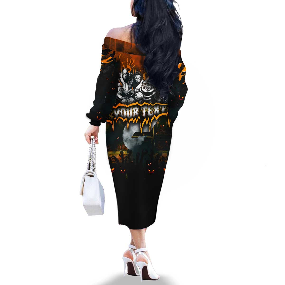 Step Into Horror Domain Giants Football Family Matching Off The Shoulder Long Sleeve Dress and Hawaiian Shirt Halloween Horror Movie Characters - Aussie Hoodie
