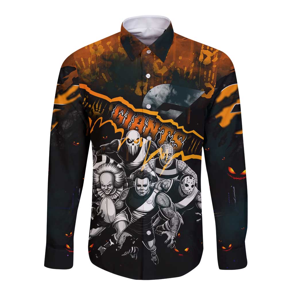Step Into Horror Domain Giants Football Long Sleeve Button Shirt Halloween Horror Movie Characters - Aussie Hoodie