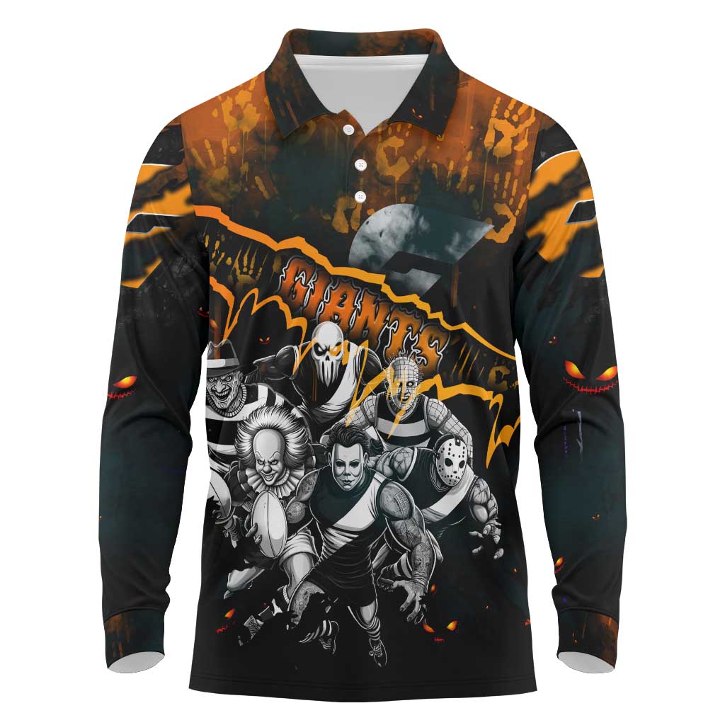 Step Into Horror Domain Giants Football Long Sleeve Polo Shirt Halloween Horror Movie Characters - Aussie Hoodie