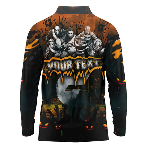 Step Into Horror Domain Giants Football Long Sleeve Polo Shirt Halloween Horror Movie Characters - Aussie Hoodie