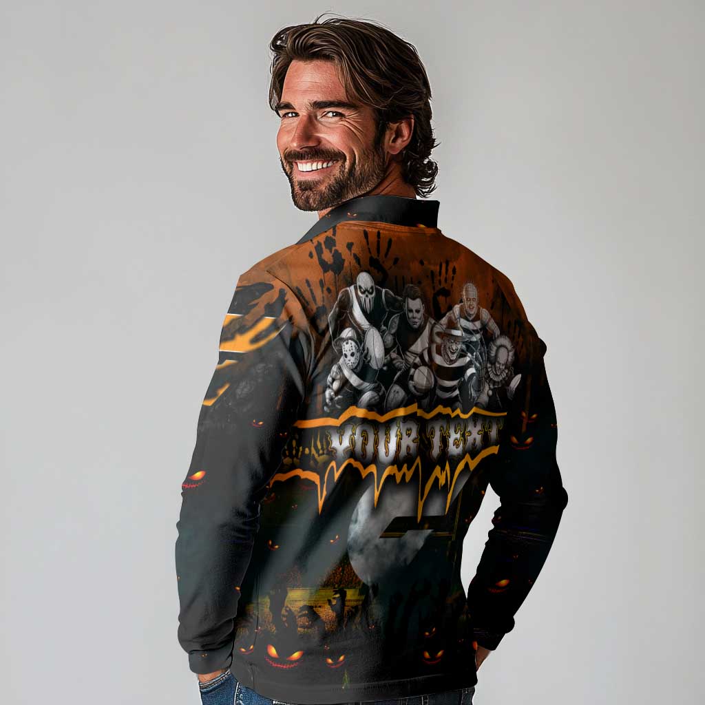 Step Into Horror Domain Giants Football Long Sleeve Polo Shirt Halloween Horror Movie Characters - Aussie Hoodie