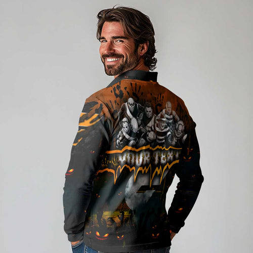 Step Into Horror Domain Giants Football Long Sleeve Polo Shirt Halloween Horror Movie Characters - Aussie Hoodie